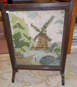 Fire screen with embroidered panel depicting a windmill