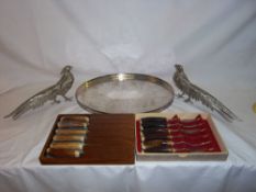 S.P tray, pr S.P pheasants & set steak knives & fork