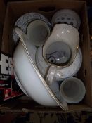 Toilet jug & bowl, jasperware trio, 4 dec. wall plates, box of modern chess pieces