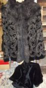 Ladies velvet cape with applied embroidery & sm. faux fur cape