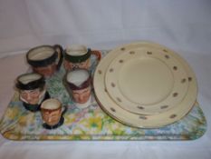 Sel. character jugs inc. Royal Doulton & 2 meat plates marked Clarice Cliff