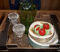 Carlton Ware tomato condiment set, Alfred Meakin dishes, 2 cut glass decanters, glass water jug