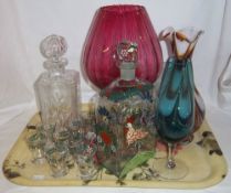 Lg. oversized ruby wine glass, Austrian glass vase, painted decanter & shot glasses, cut glass