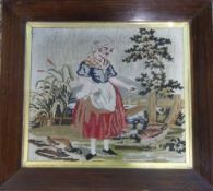 Framed embroidery depicting young woman feeding the ducks size approx. 43cm x 38cm