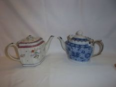 Blue & white transfer printed pearlware teapot with hinged lid & pearlware teapot with painted