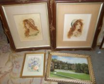 Pr gilt framed portraits, gilt framed oil depicting country house signed Percy Green & framed floral