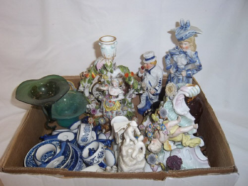 Mason's clock, 2 Continental figural groups, sel. crested china Grimsby & Hull, blue & white pin