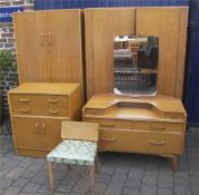 Suite of G-Plan bedroom furniture comprising 2 wardrobes, 2 chests of drawers, bedside table,