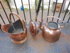 Copper coal scuttle, copper warming pan & oversized copper kettle