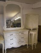 Sel. French style painted furniture comprising chest of drawers, lg. mirror, plant stand & 2 demi