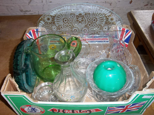Sel. glass inc. water jug, dressing table set, globe candlestick, cake plates etc.