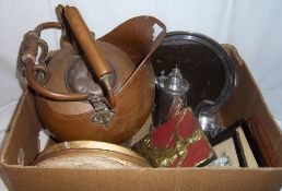 Copper coal scuttle & kettle, S.P coffee set with tray, 'County' fire mark, sm. watercolour,