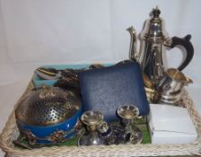 Sel. S.P inc. 3 piece coffee set, two handled S.P lidded dish with glass basket etc.