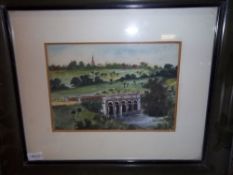 Sm. framed watercolour depicting countryside scene with viaduct in the foreground signed J R