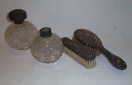 2 hobnail glass scent bottles 1 with silver top, silver backed hair brush & clothes brush