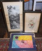 Framed watercolour of holly, framed black & white print 'The Conspiritors' & 1 other