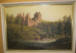 Framed oil on canvas depicting Scottish castle & Highland cattle by the waterside signed by the