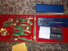 Sel. cutlery with green handles, carving set & cased set cake forks