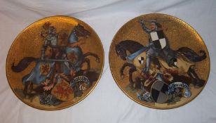 Pr Mettlach chargers with etched polychrome knights in armour with "Haus Habsburg" regalia and