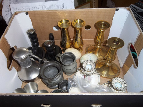 Brass candlesticks, pewter graduating mugs, onyx eggs etc.