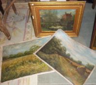 2 unframed oils on canvas depicting country scenes signed W. Wilson & gilt framed oil on canvas