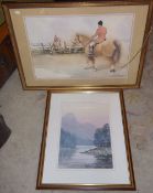Framed watercolour depicting a huntsman signed Eric H Day & framed watercolour depicting lake