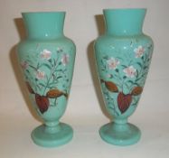 Pr opaque glass vases with hand-painted enamel dec.