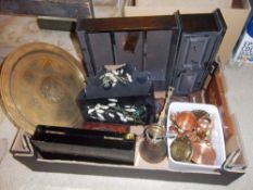 Wooden miniature dresser & brass pots, papier mache letter rack, Continental brass drinking set