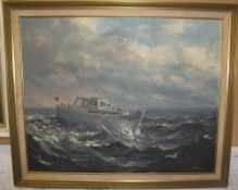 Framed oil on canvas depicting modern motor yacht signed by the artist A.Allan (Alfred Allan,