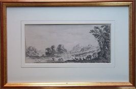 Framed pen & ink depicting countryside scene with cattle & goats