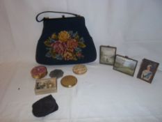 Tapestry handbag,sel. compacts, brooches, 2 sm. embroidered pictures etc.