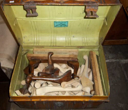 Tin trunk containing footstool parts (for re-upholstery projects)