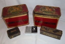 2 'Squirrel Confections' tins, tin dominoes, 'Farrah's Original Harrogate Toffee' tin & '