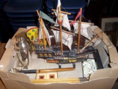 Model ship, folding ruler, leather case, dominoes, S.P cocktail shakers & cups etc.