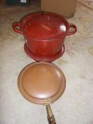 Copper warming pan & enamel lidded two handled cooking pot