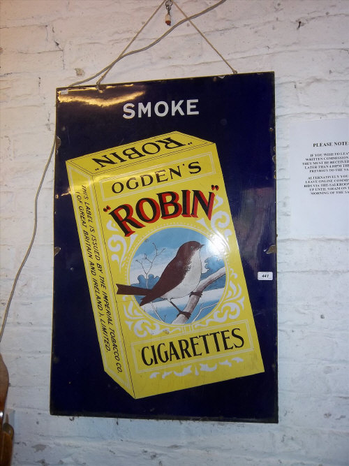 Robin's Cigarette advertising enamel sign size approx. 61cm x 91cm