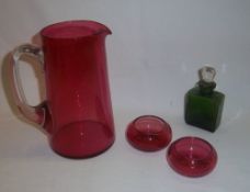 Cranberry glass jug with clear glass handle, 2 sm. cranberry glass dishes & sm. scent bottle