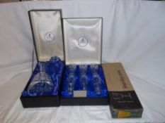 Cut glass decanter & set 6 cut glass wine glasses (boxed) & 1 other set glasses