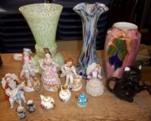 Sel. Dresden style figurines, lg. vase, cat teapot etc.