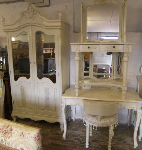 Sel. of French style painted furniture comprising wardrobe, sm. dressing table & lg. dressing