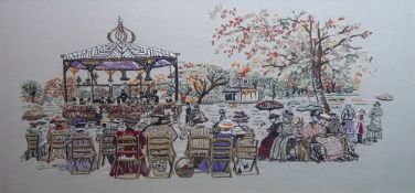 Framed embroidery depicting a Vict. scene with a bandstand size approx. 67cm x 38cm