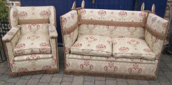 Knoll drop arm 2 seater sofa with matching armchair in floral upholstery