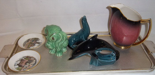 Carlton Ware jug, 2 Poole animals, 2 Royal Worcester pin dishes & Sylvac dog