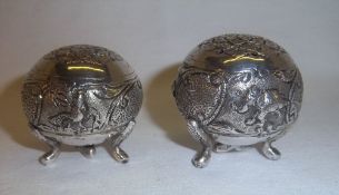 2 Continental white metal pounce pots with embossed animal & bird dec. with sm. screw to underside