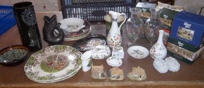 Sel. decorative ceramics inc. Wedgwood, Spode Byron plates, Lilliput Lane cottages, pr iridescent