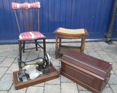 Cased sewing machine, bedroom chair & stool with cane seat