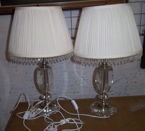 Pr glass table lamps with beaded shades