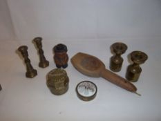 2 prs miniature brass candlesticks, 'Leeds Co-Op Society' brass wheel nut, brass paperweight with
