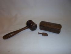 Wooden gavel, burr walnut box & miniature shovel