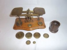 Set walnut & brass postal scales & weights